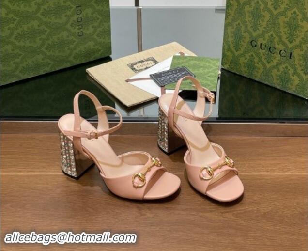 Stylish Gucci Shiny Leather Horsebit Sandals 9.5cm with Strass Heel Light Pink 906064