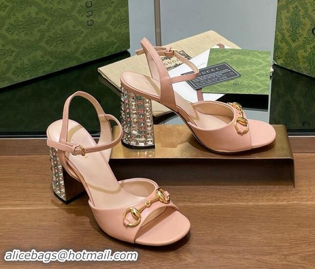 Stylish Gucci Shiny Leather Horsebit Sandals 9.5cm with Strass Heel Light Pink 906064