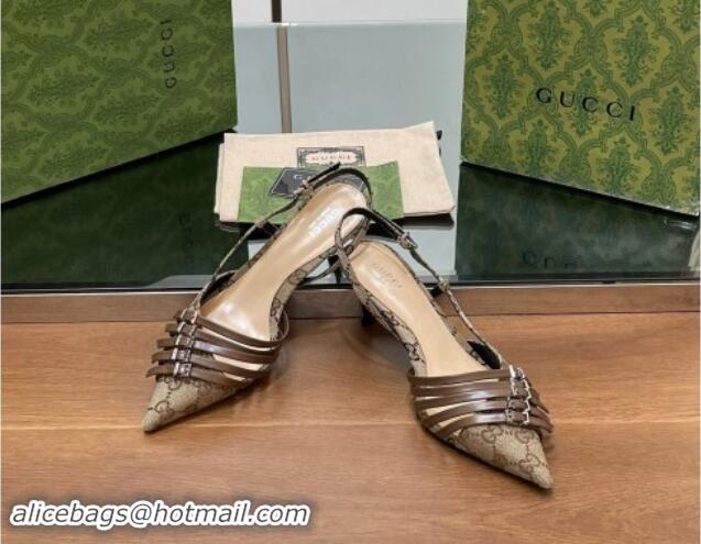 Top Quality Gucci GG Canvas Slingback Pumps 6.5cm with Multi Buckle Beige 906066