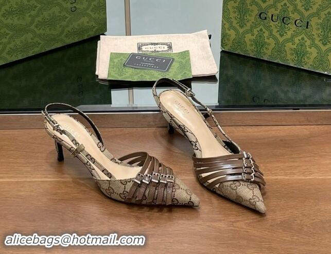 Top Quality Gucci GG Canvas Slingback Pumps 6.5cm with Multi Buckle Beige 906066