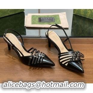 Sumptuous Gucci Patent Leather Slingback Pumps 6.5cm with Multi Buckle Black 906067