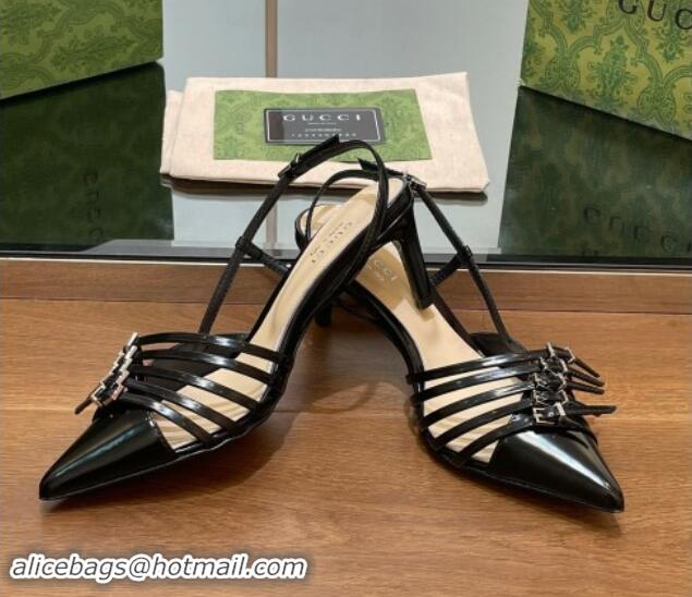 Sumptuous Gucci Patent Leather Slingback Pumps 6.5cm with Multi Buckle Black 906067