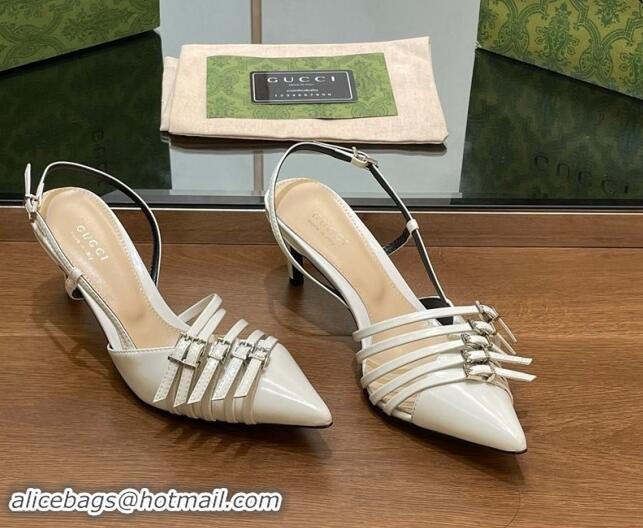 Expensive Gucci Patent Leather Slingback Pumps 6.5cm with Multi Buckle White 906068