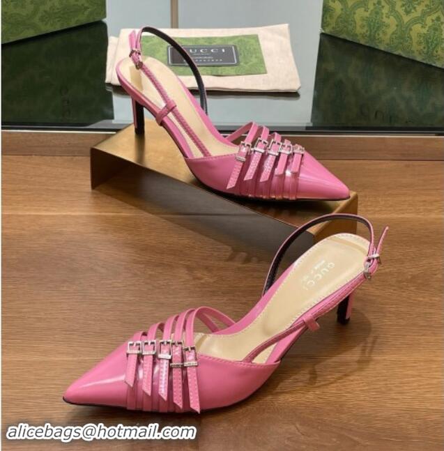 Perfect Gucci Patent Leather Slingback Pumps 6.5cm with Multi Buckle Pink 906069