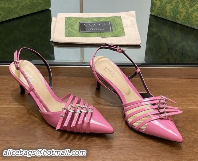 Perfect Gucci Patent Leather Slingback Pumps 6.5cm with Multi Buckle Pink 906069