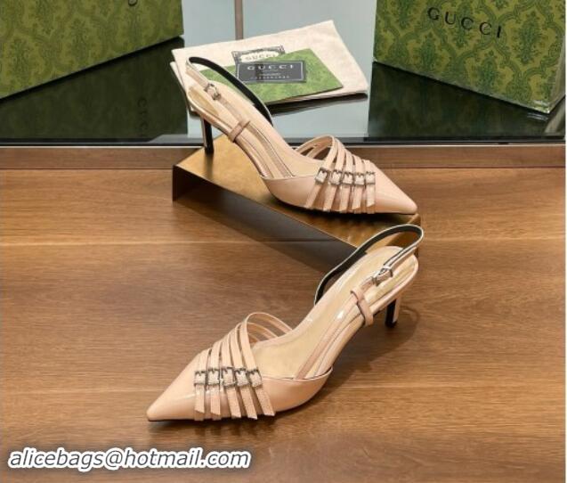 Super Quality Gucci Patent Leather Slingback Pumps 6.5cm with Multi Buckle Nude 906070