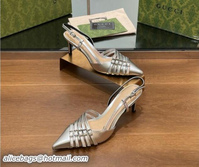 Best Price Gucci Patent Leather Slingback Pumps 6.5cm with Multi Buckle Silver 906071