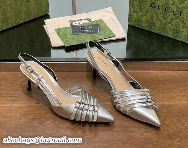 Best Price Gucci Patent Leather Slingback Pumps 6.5cm with Multi Buckle Silver 906071