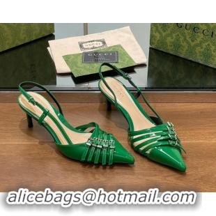 Luxury Gucci Patent Leather Slingback Pumps 6.5cm with Multi Buckle Green 906072