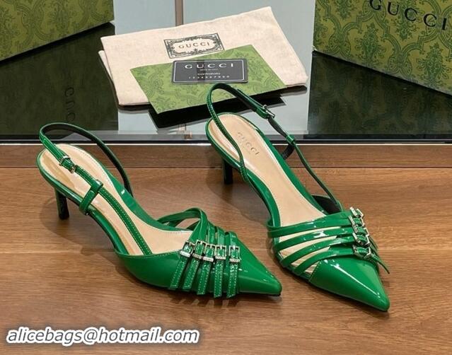 Luxury Gucci Patent Leather Slingback Pumps 6.5cm with Multi Buckle Green 906072