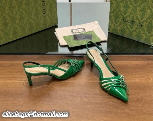 Luxury Gucci Patent Leather Slingback Pumps 6.5cm with Multi Buckle Green 906072