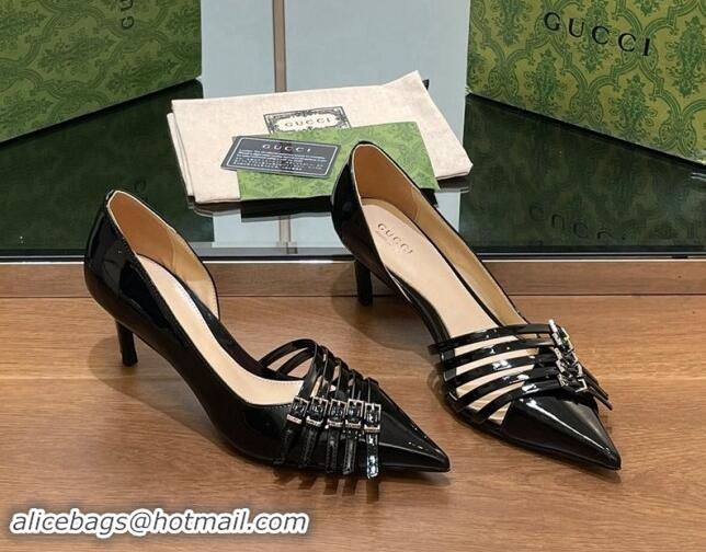 Top Quality Gucci Patent Calf Leather Pumps 6.5cm with Multi Buckle Black 906084