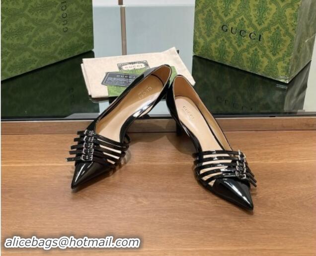 Top Quality Gucci Patent Calf Leather Pumps 6.5cm with Multi Buckle Black 906084