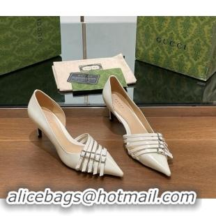 Duplicate Gucci Patent Calf Leather Pumps 6.5cm with Multi Buckle White 906085