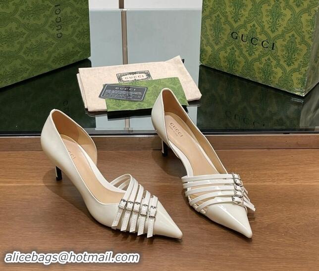 Duplicate Gucci Patent Calf Leather Pumps 6.5cm with Multi Buckle White 906085