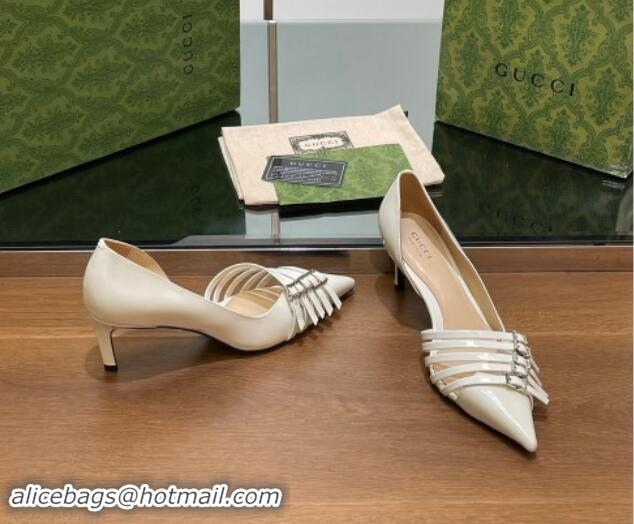 Duplicate Gucci Patent Calf Leather Pumps 6.5cm with Multi Buckle White 906085