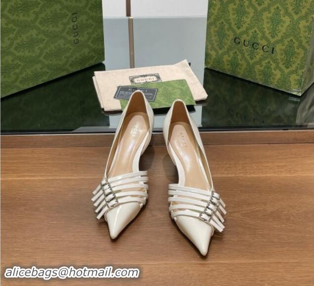 Duplicate Gucci Patent Calf Leather Pumps 6.5cm with Multi Buckle White 906085