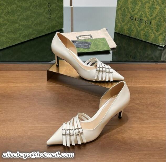 Duplicate Gucci Patent Calf Leather Pumps 6.5cm with Multi Buckle White 906085