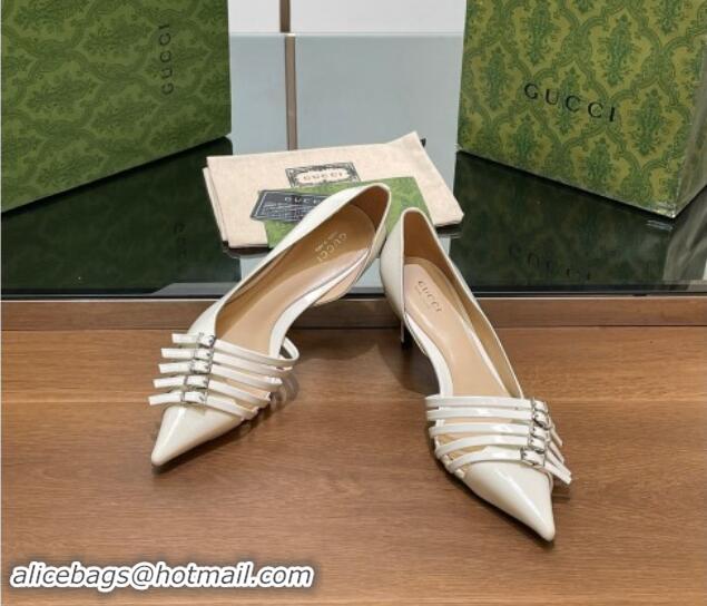 Duplicate Gucci Patent Calf Leather Pumps 6.5cm with Multi Buckle White 906085