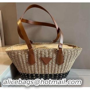 Super Quality Prada Straw Basket Bag 040205 Khaki/Black 2024