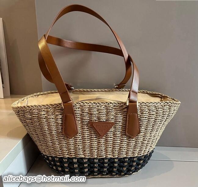 Super Quality Prada Straw Basket Bag 040205 Khaki/Black 2024