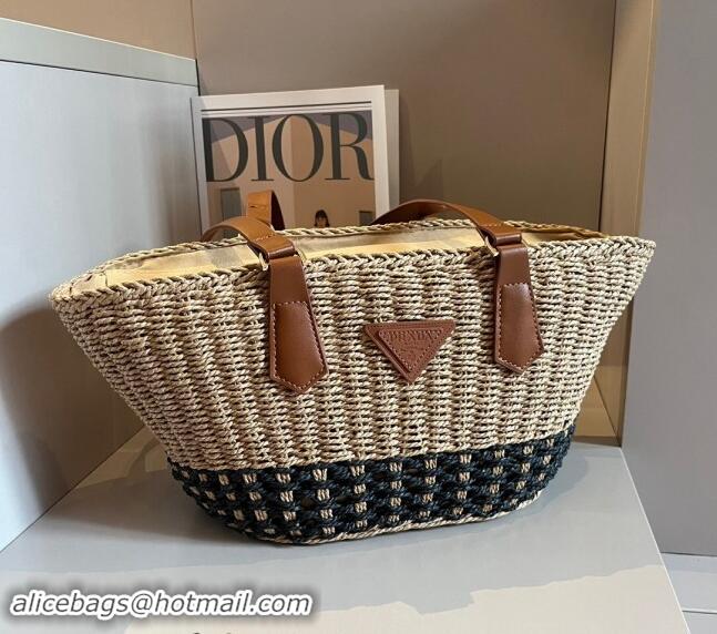 Super Quality Prada Straw Basket Bag 040205 Khaki/Black 2024