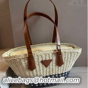 Unique Discount Prada Straw Basket Bag 040205 Beige/Blue 2024