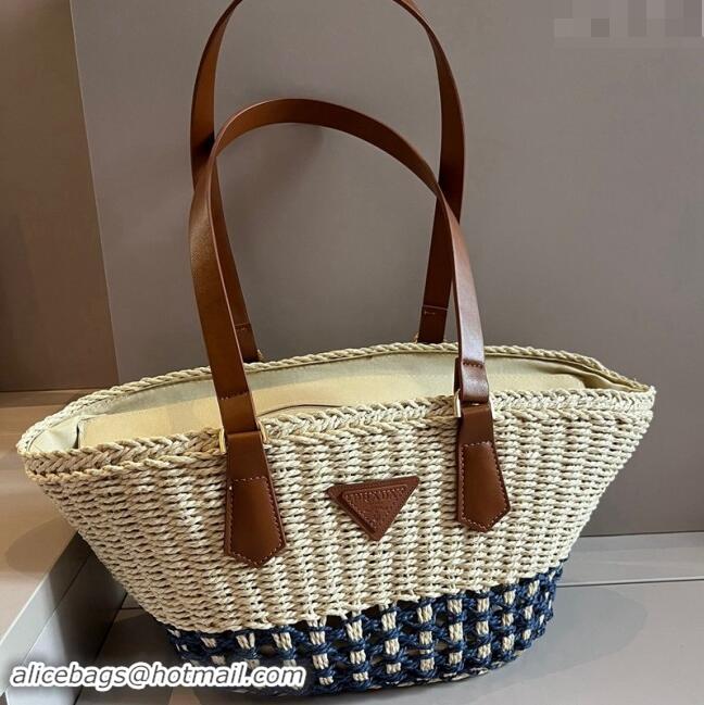 Unique Discount Prada Straw Basket Bag 040205 Beige/Blue 2024