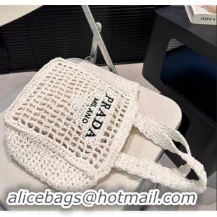 Top Quality Prada Crochet Raffia Straw Mini Tote bag 1BG444 White 2024