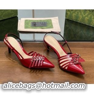 New Style Gucci Patent Leather Slingback Pumps 6.5cm with Multi Buckle Red 906073