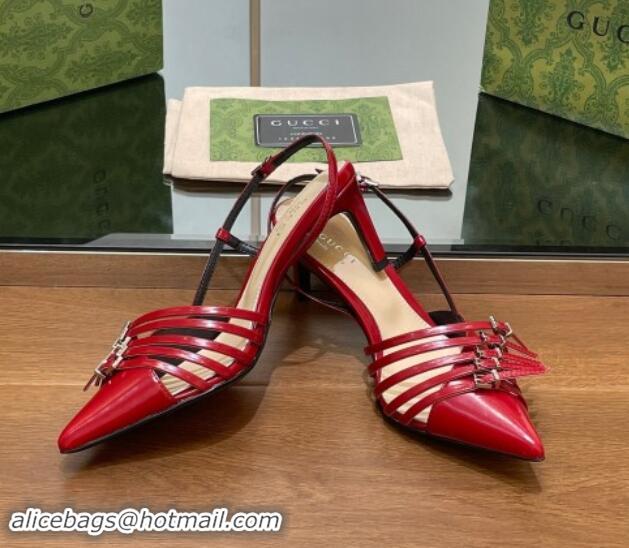 New Style Gucci Patent Leather Slingback Pumps 6.5cm with Multi Buckle Red 906073