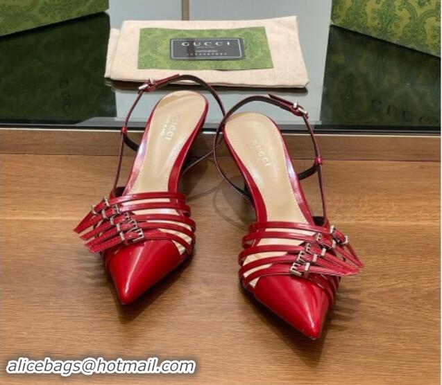 New Style Gucci Patent Leather Slingback Pumps 6.5cm with Multi Buckle Red 906073