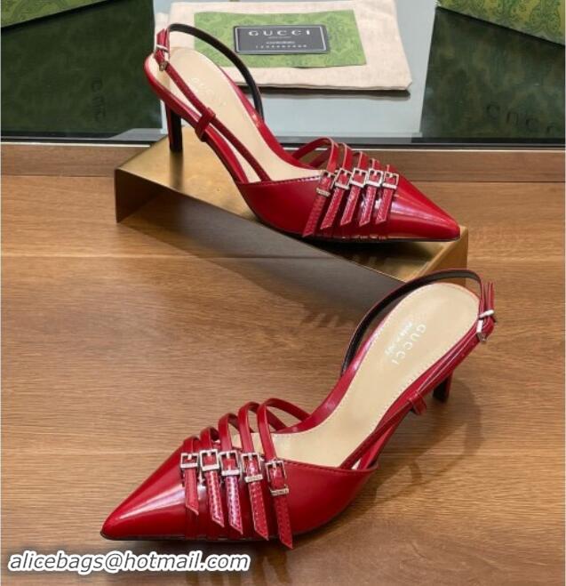 New Style Gucci Patent Leather Slingback Pumps 6.5cm with Multi Buckle Red 906073