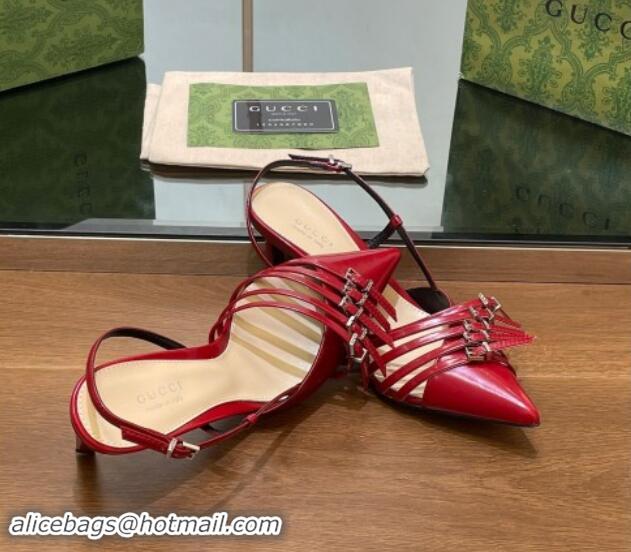 New Style Gucci Patent Leather Slingback Pumps 6.5cm with Multi Buckle Red 906073