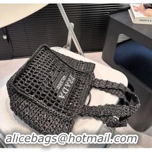 Top Quality Prada Crochet Raffia Straw Mini Tote bag 1BG444 Black 2024