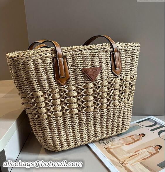 Top Quality Prada Raffia Straw Basket Bag 040207 Khaki 2024