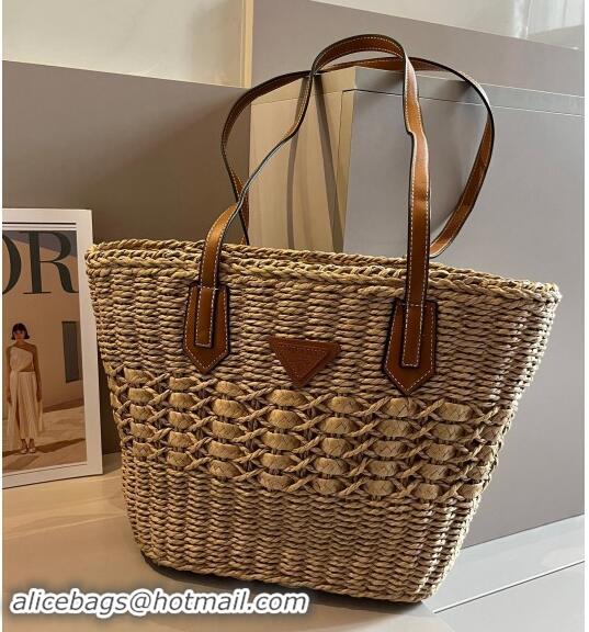 Top Quality Prada Raffia Straw Basket Bag 040207 Khaki 2024