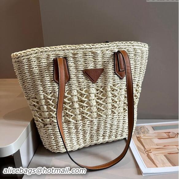 New Design Prada Raffia Straw Basket Bag 040207 Beige 2024