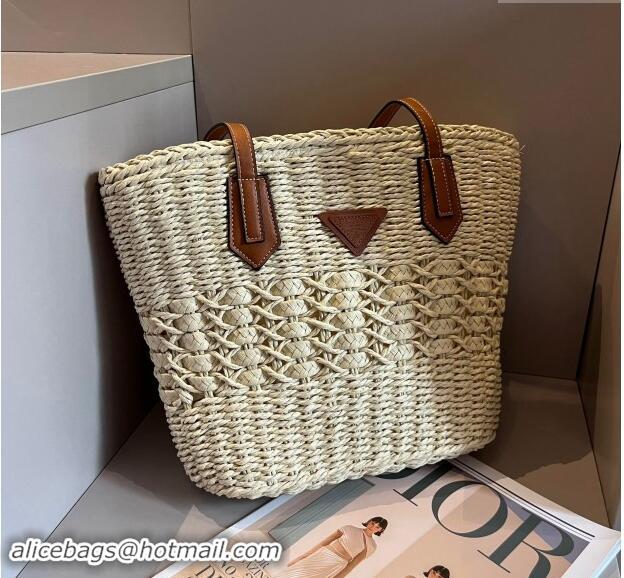 New Design Prada Raffia Straw Basket Bag 040207 Beige 2024