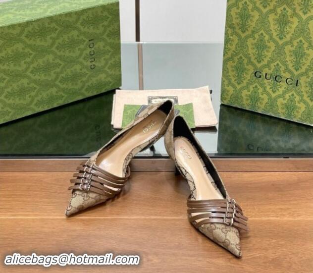 Big Discount Gucci GG Supreme Canvas Pumps 6.5cm with Multi Buckle Beige 906089