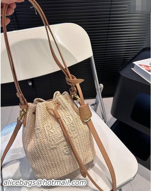 Lower Price Prada Raffia Straw Bucket Bag 0402 Beige 2024