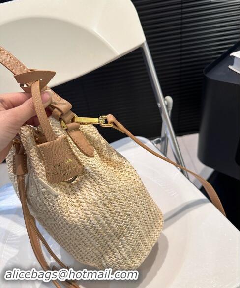 Lower Price Prada Raffia Straw Bucket Bag 0402 Beige 2024