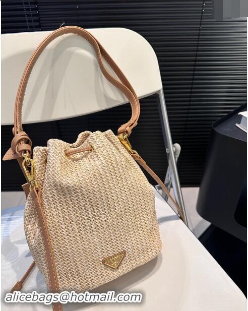 Lower Price Prada Raffia Straw Bucket Bag 0402 Beige 2024