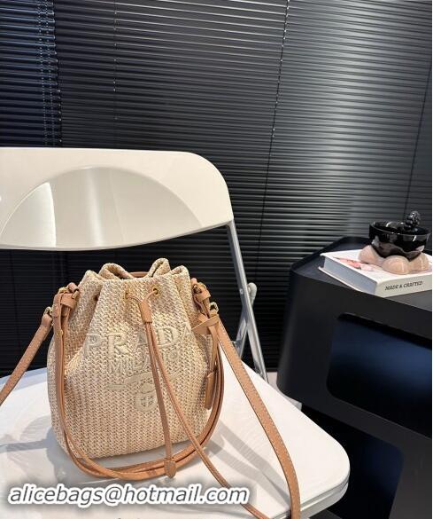 Lower Price Prada Raffia Straw Bucket Bag 0402 Beige 2024