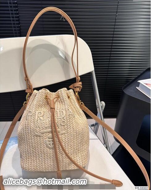 Lower Price Prada Raffia Straw Bucket Bag 0402 Beige 2024