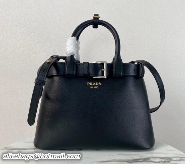 Buy Discount Prada Buckle medium leather handbag with belt 1BA434 Black 2024