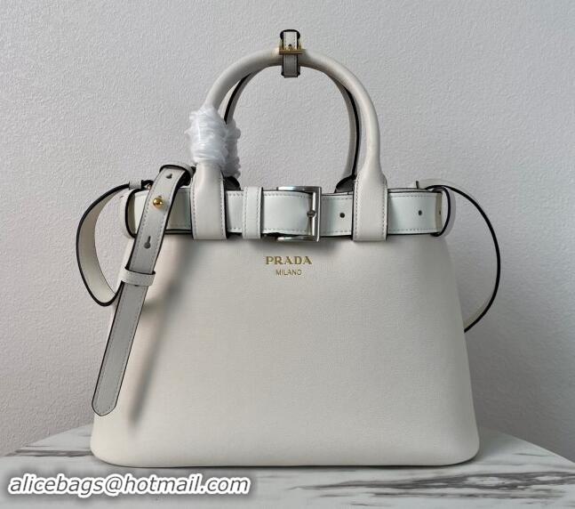 Cheap Design Prada Buckle medium leather handbag with belt 1BA434 White 2024