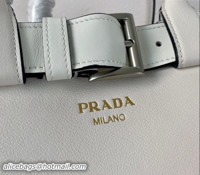 Cheap Design Prada Buckle medium leather handbag with belt 1BA434 White 2024