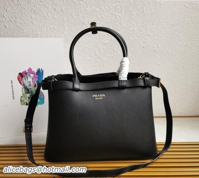 Best Price Prada Buckle medium leather handbag with double belt 1BA417 Black 2024