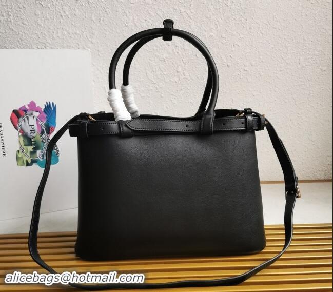 Best Price Prada Buckle medium leather handbag with double belt 1BA417 Black 2024